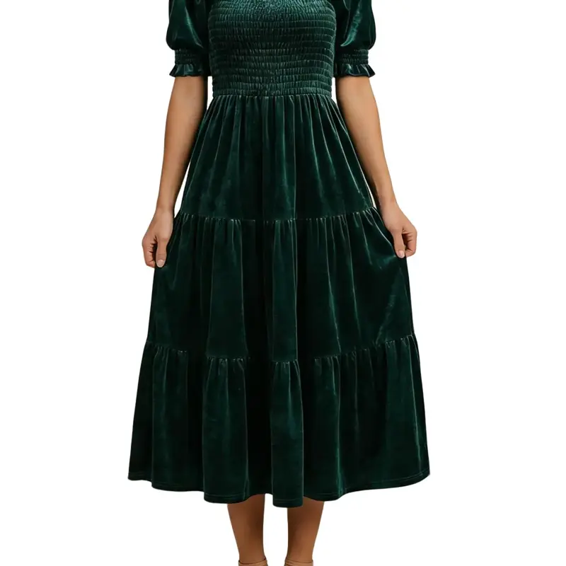 Women's Stretchy Velvet Below-the-Knee Dresses - Puff Short Sleeves, Square Neck, A-Type, Belly-Friendly, Fuller Bust, Plus Size, Minimalist, Elegant, Casual Wear, Expectant Mothers' Attire