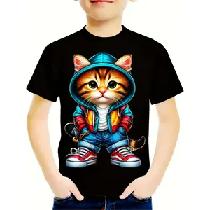Boys' 3D Cute Cat Print T-Shirt, 95% Polyester 5% Spandex, Crew Neck, Casual Street Style, Slight Stretch, Summer Knit Fabric, Loose Fit for Weekend & Going Out Boys' sports T-shirt, Clothes