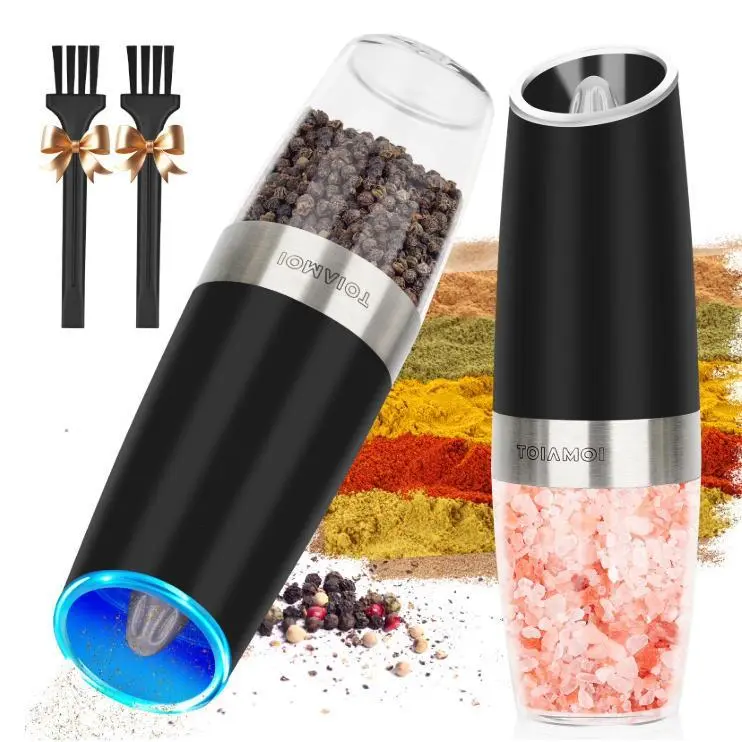 Automatic Electric Pepper & Salt Grinder Set, Adjustable Grind, One-Hand Use, LED Light, Battery Operated, with 2 Utility Brushes for Cooking, BBQ & Home Kitchen