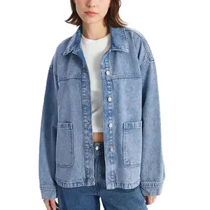 Songling Jean Jackets for Women Trendy Button Up Denim Shirt Jacket Oversized Long Sleeve Coat Fashion Clothes with Pockets Casual Outerwear Tops Womenswear