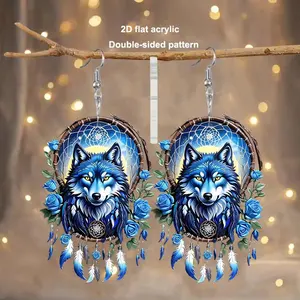 2 Pairs 2D Flat Bohemian Style Acrylic Wolf Head Dream Catcher Earrings with Stainless Steel Hooks Blue White Wolf Design Feather Patterns for Anniversaries Birthdays Holidays Parties Casual Wear