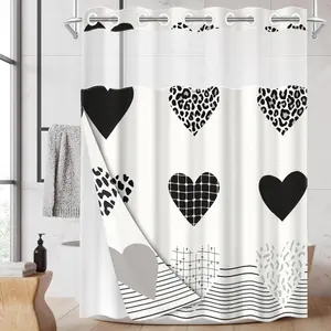 1pc hookless shower curtain, Bathroom shower curtains, with buckle lining, black and white heart pattern, 2D flat printing, fabric waterproof lining, see-through double-layer, 71 x 74 inches, modern home curtain