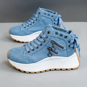 Women's Blue Spring Platform Sneakers with Breathable Mesh Upper & Durable PVC Sole |   Round-Toe Design, Lace-Up Closure, & Cloud-Like Lift for Outdoor Style
