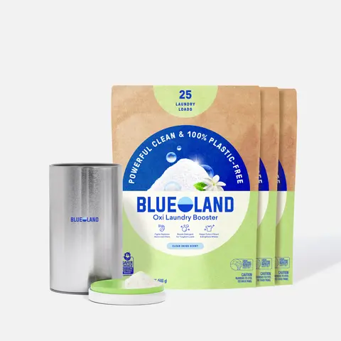 Blueland Oxi Laundry Booster, 1 Year Supply,  Eco-Friendly Mineral & Plant-Based Stain Remover, Color Boosting Oxi Cleaner + Storage Tin
