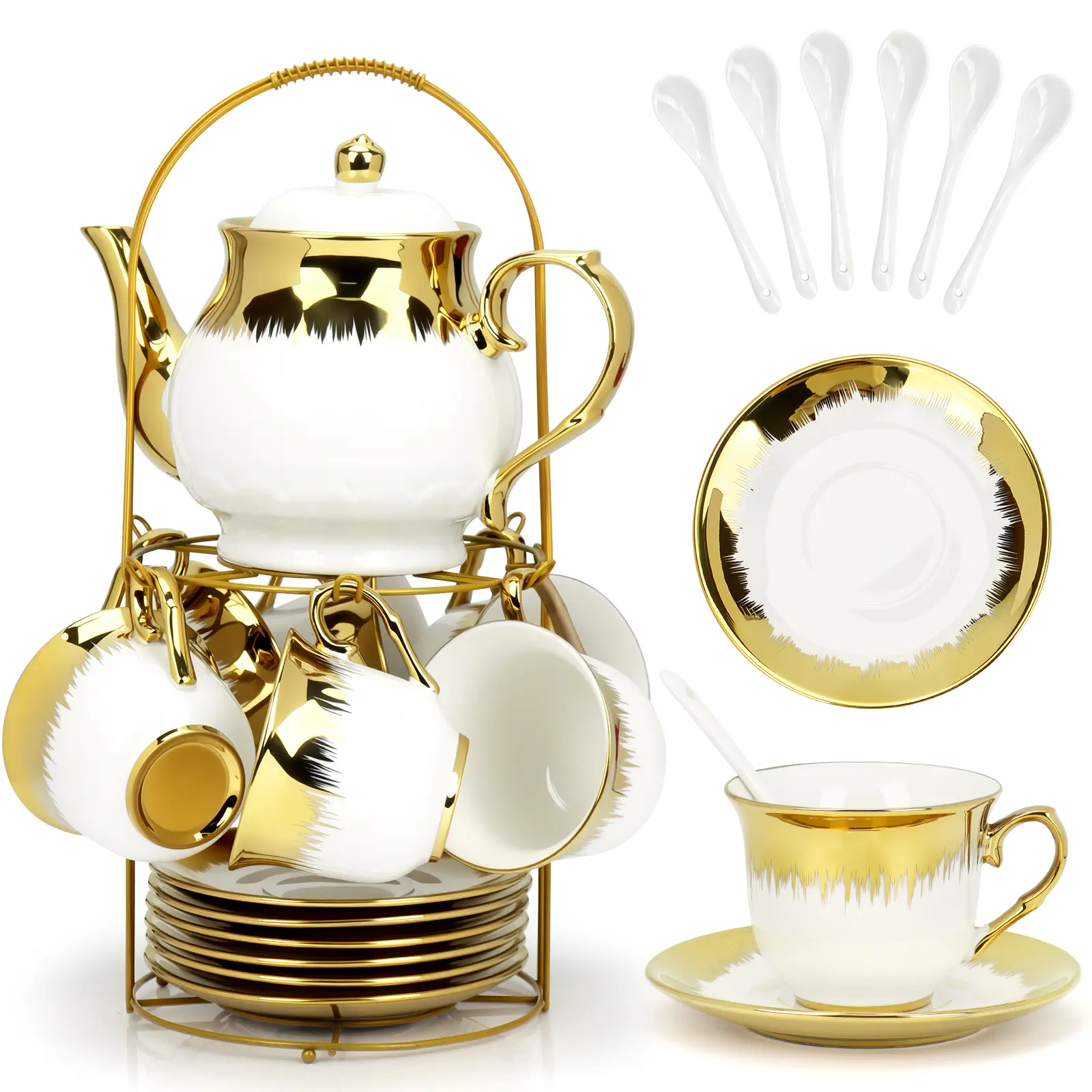 20 Pcs Porcelain Tea Set with Metal Holder and Spoon, European Ceramic Tea Set for Adults, European Flower Painting Teapot Cup Saucer Spoon Set for 6, 1000ML Gift Pack(White)