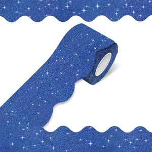 70Ft Vibrant Glitter Finish Scalloped Edge Bulletin Board Border, Eco-Paper Peel-Stick Blue Trim Roll, Cuttable for Classroom & Office Supplies