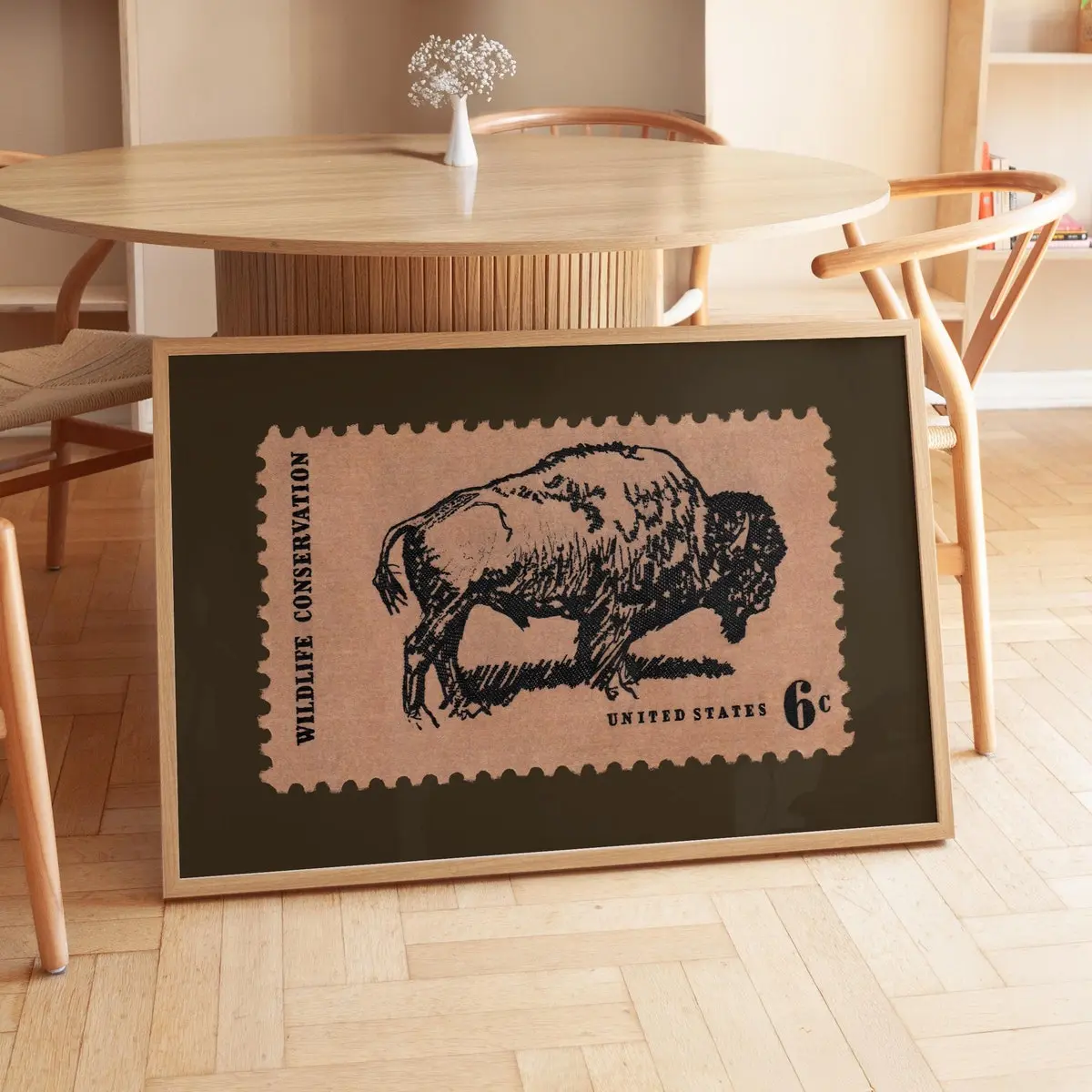 Vintage Bison Print, American Buffalo Poster, Rustic Western Animal Wall Art, Cowboy Farmhouse Decor, 5 Size, 8x12 to 27x40 inch, Room Decor, Unframed