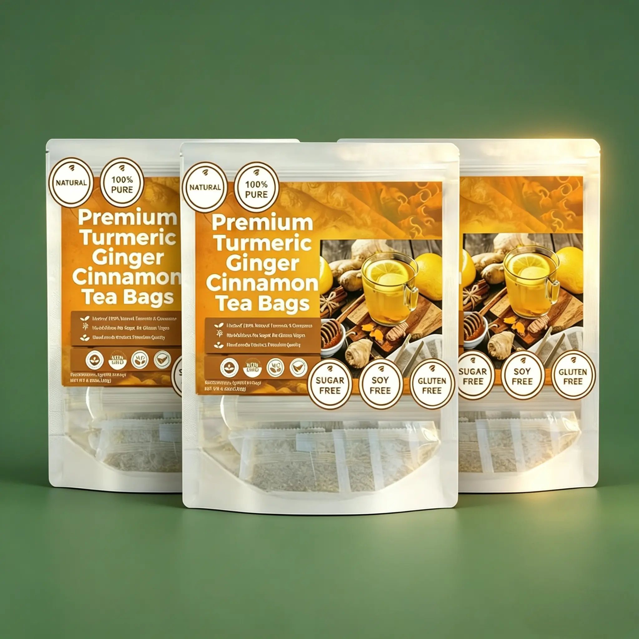 Premium Turmeric Ginger Cinnamon Tea Bags 60*3 | Sugar Gluten Free | Natural Anti-Inflammatory Wellness Drink | Vegan Friendly | Herbal Beverage for Healthy Living