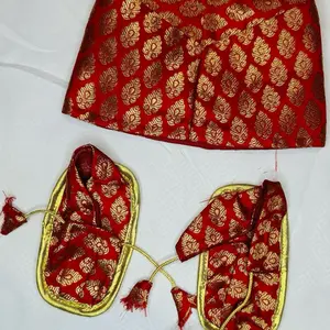 Nepali Traditional Pasni Set Matching Shoes and Hat for Festival Wear in Rich Red with Gold Embroidery