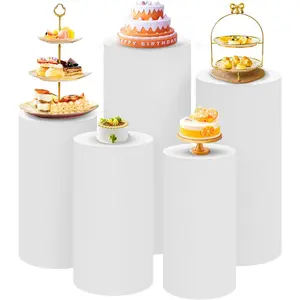 Set of 5 - White Cylinder Pedestal Stand Covers, Spandex Cylinder Stand Covers for Party, Wedding or Birthday Event Decor - Only Contains Cylinder Covers