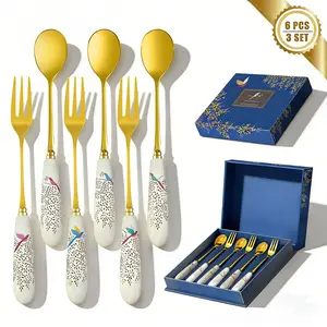 6-Piece Luxury Gold Dessert Cutlery Set with Exquisite Porcelain Handles & Durable Stainless Steel Tips Elegant Gift for Cake Coffee & Party