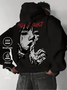 Men's Dark Aesthetic Hoodie, Slogan + Emotion Portrait Design, Warm Breathable Fleece, Daily Wear, Skateboard Park, City Walk