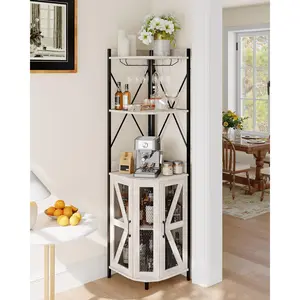 Space-Saving Industrial MDF & Metal Bar Unit with Adjustable Shelves, Modern Design, Built-in Power Outlet, Collapsible 5-Tier Corner Wine Cabinet with LED Lighting, Glass Holder, Metal Mesh Door