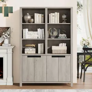 70inch Tall Bookshelf w/Doors Adjustable Shelf 5-Tier Wide Bookcase with Cabinet and Double Storage Wooden Book Shelf Farmhouse Bookcase for Living Room Office Library-Grey