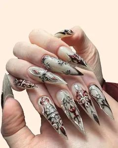 Metallic Gothic Armor Art Inspired Freestyle Swirls Press on Nails, Dark Gothic with Red and Chrome Nail Art, Reusable Fake Nails