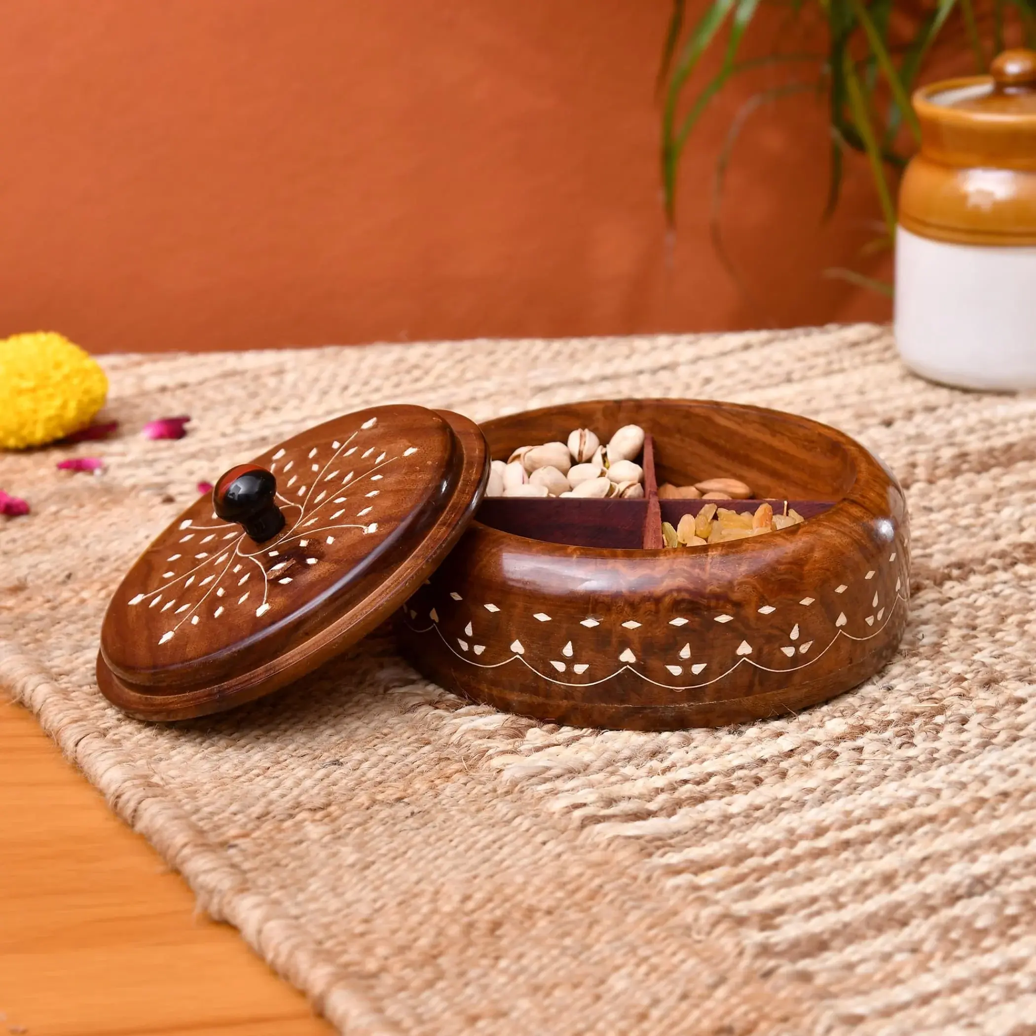 Round Wooden Spice Box Organizer with Inlay Work Lid | Traditional Indian Masala Dani with 4 Compartments for Kitchen Herbs & Dry Fruits