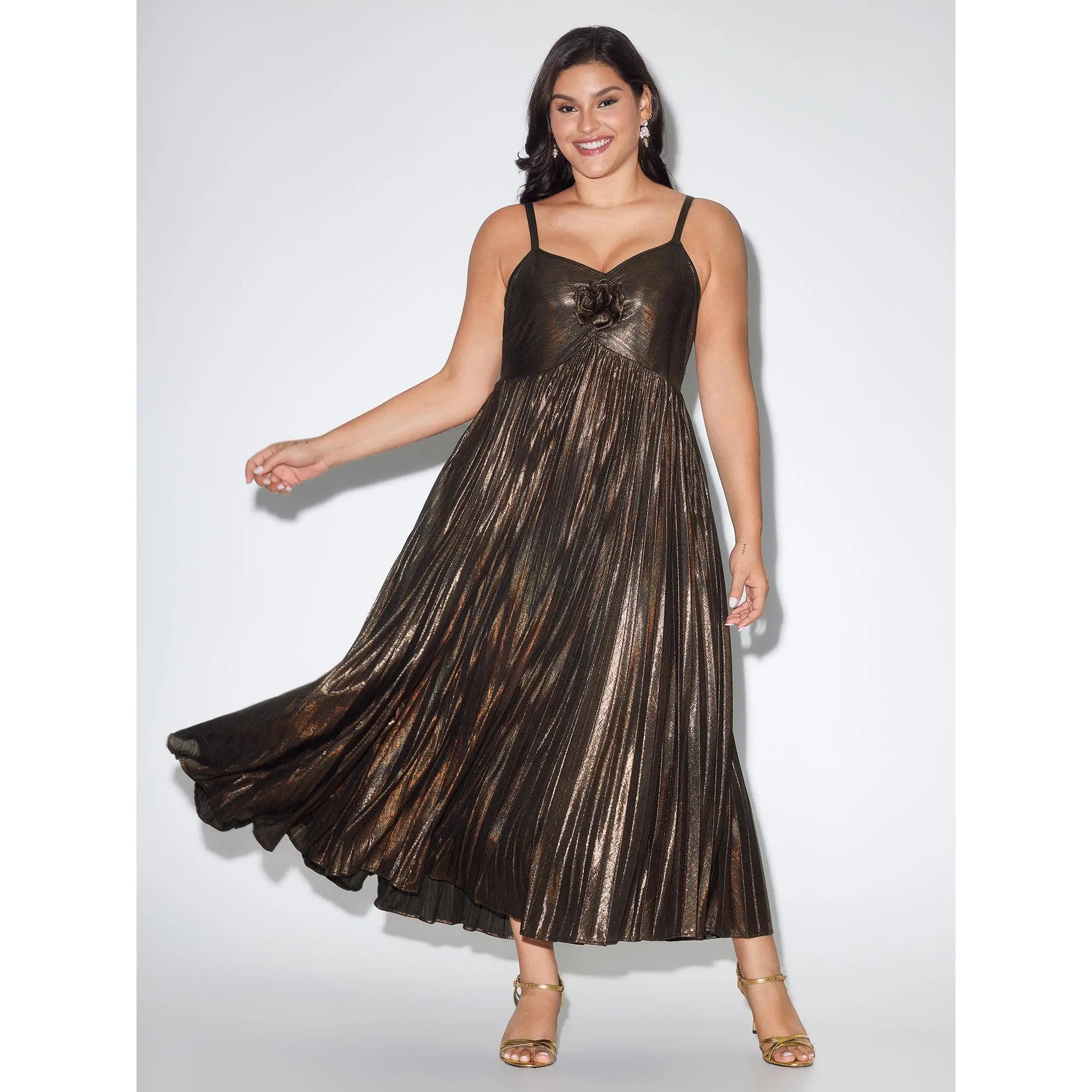 BloomChic Plus Size Formal Evening Gown, Lightweight Shimmery Pleated Spaghetti Strap Maxi Dress with 3D Flower Detail, Smooth,Summerfinds, Spandex, Garment, Breathable, Pocket, Sleeve, Fabric, Polyester, Formal Dresses For Women, Shimmering, Formal Wear,