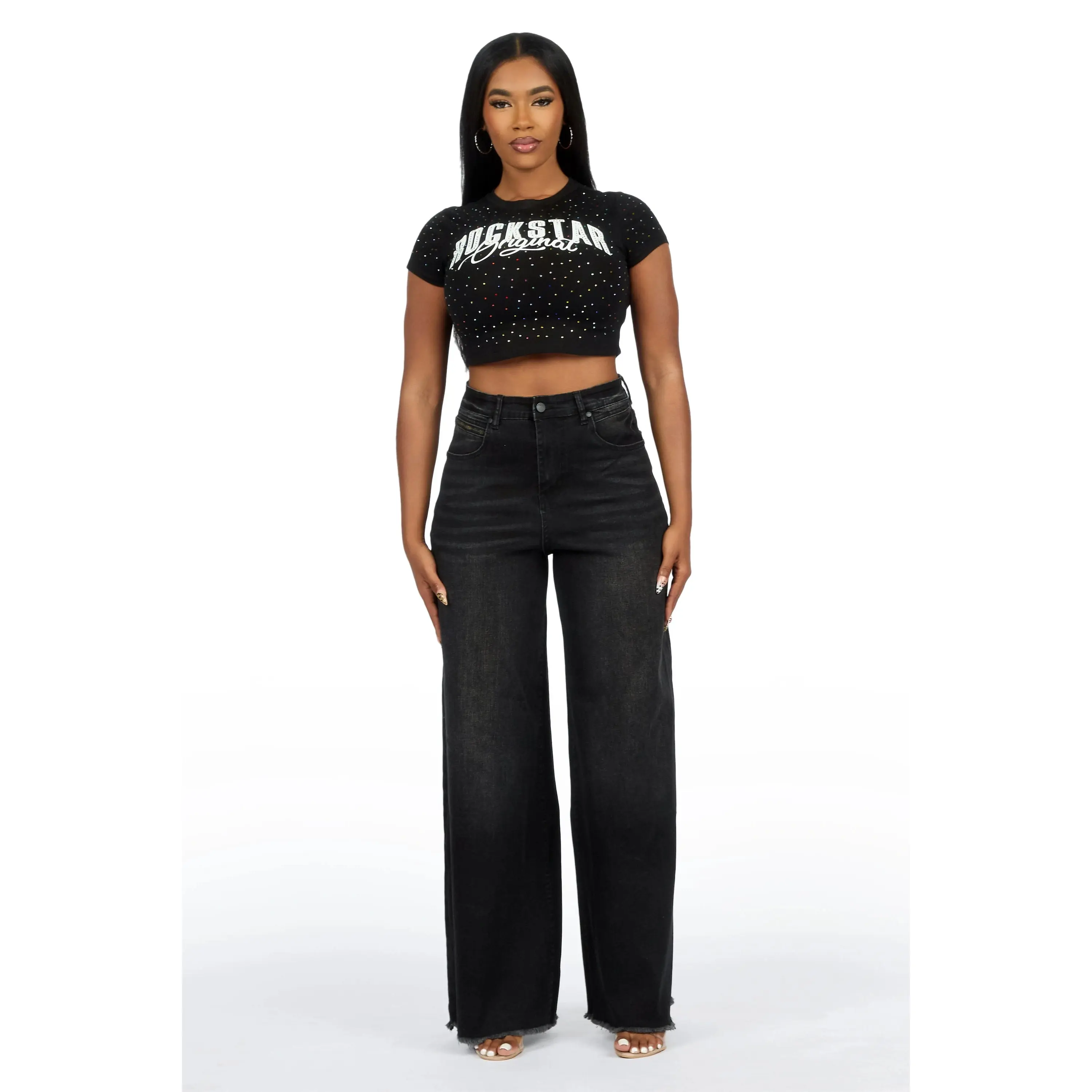 Cegaria Black High Rise Elastic Back Stretch Baggy Jean