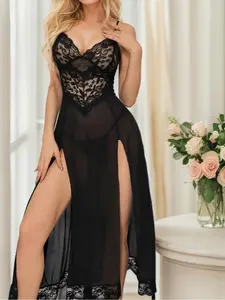 2 Pieces with Thong Lingerie Set, Sexy Split Mesh Lace Floral Sheer Babydoll Chemise Lingerie Nightdress Nightgown, with Adjustable Straps