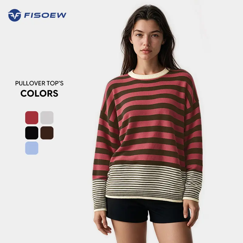 Fisoew Women's Retro Striped Plus Size Ribbed Color Block Oversized Round Neck Long Sleeve Knitting Pullover - Lightweight, Contrast Trim Hem, Everyday Women's Clothes, Casual Fall Wear
