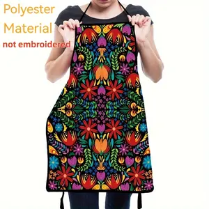 Mexican Folk Traditional Style Apron, 1 Count Polyester Apron, Durable Kitchen Apron for Cooking, Kitchen Accessory,Valentine's Day Gift, Apron for Women,﻿Mother's Day Gift,Nails Design Tool