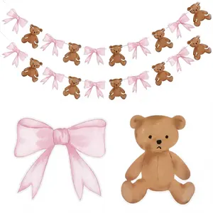2Pcs Watercolor Pink Bow & Bear Banner 2m Bunting for Baby Shower & Girl Birthday Party Supplies