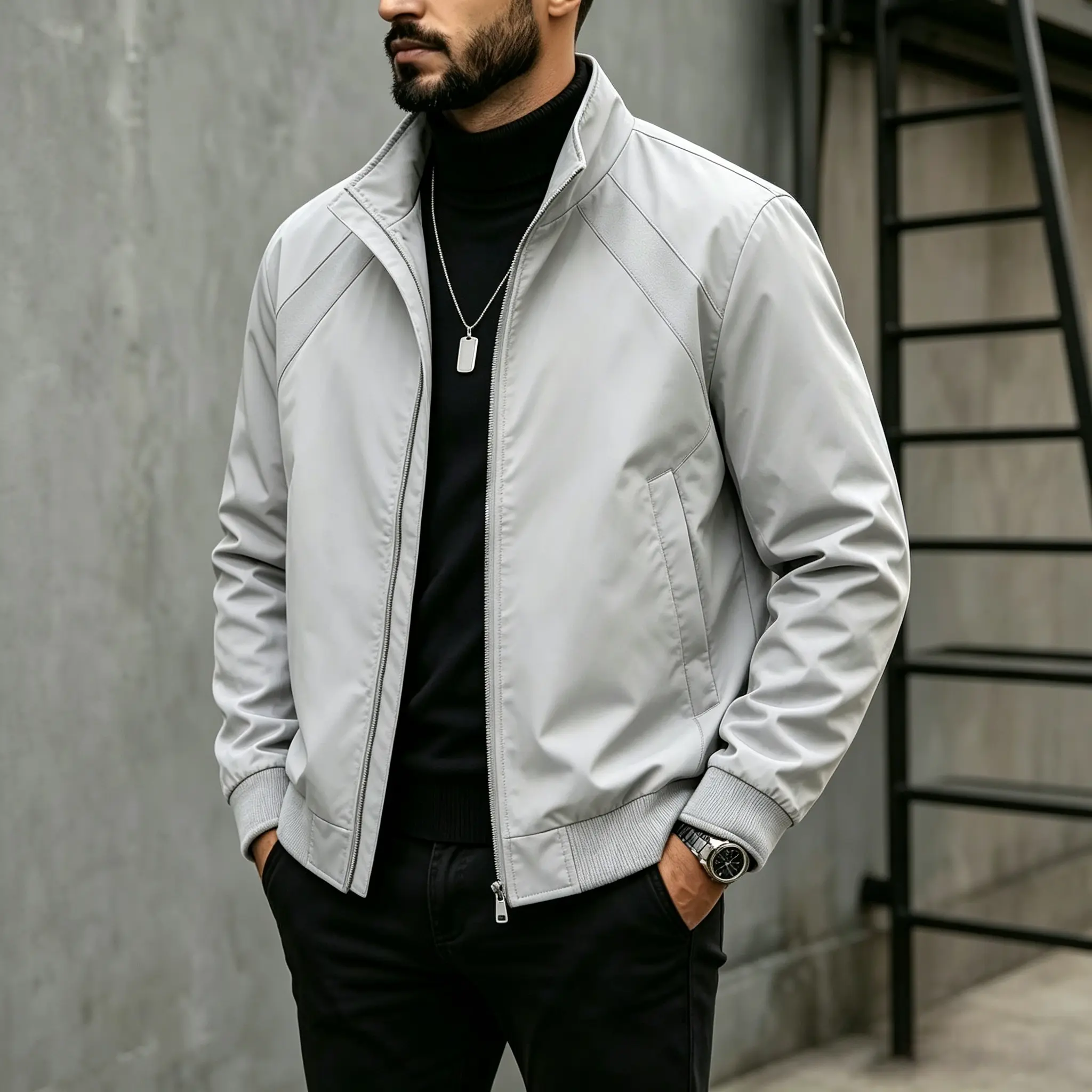 Men’s minimalist stand-collar windproof jacket — new autumn casual solid-color basic zip-up outerwear