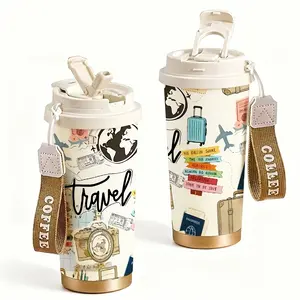 18-ounce insulated cup, travel mug, cartoon design, portable and dual-use (suitable for both hot and cold), suitable as a gift for office, travel, Valentine's Day, birthday, and essential for sports |   Pastel-colored drinkware, 1-piece set (cup strap + s