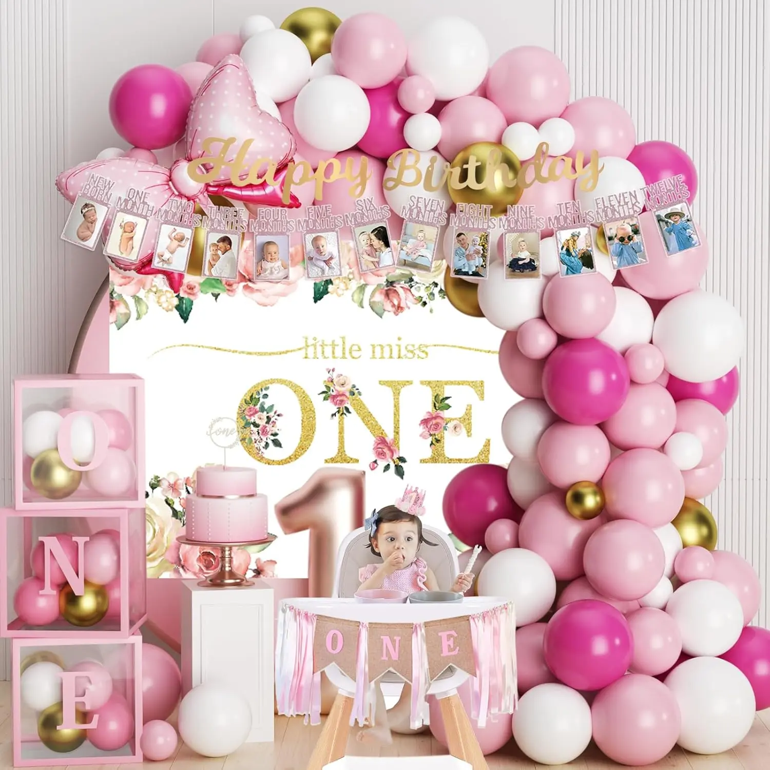 Pink Gold Baby Girl 1st Happy Birthday Decorations Kit - Complete Accessories with Balloon Garland Arch, Balloon Boxes, Party Backdrop, High Chair Banner, Crown Photo Banner, Stickers - 12 Months Festive Party Supplies Gifts, Baby First Birthday