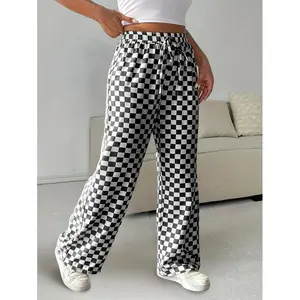 Plus Size Plaid Straight Pants Women's Bottoms Casual Fabric