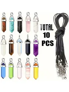 10Pcs Natural Stone Hexagon Pendant Bulk Chakra Pendulum Bullet Shaped Charm Beads with Black Adjustable Chain for DIY Necklace Earrings Keychain Jewelry Making Christmas Gift  5 pendants+5 chains