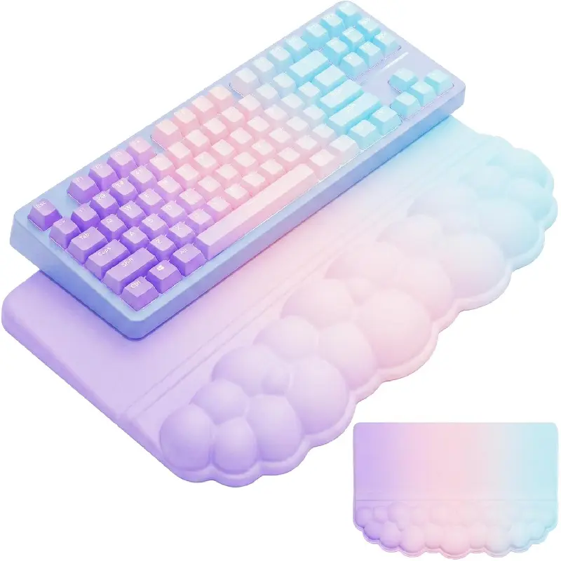 Computer keyboard stand with wrist rest, colorful cloud keyboard pad, supports comfortable rainbow wrist rest, cute ergonomic inclined keyboard stand, suitable for desktop, office, and home, available in pink, purple, and blue