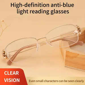 Rimless Flower Eyeglasses for Women Metal Frame Luxury Diamond Floral Temple Anti-Blue Light Fashion Eyewear with Clear Vision