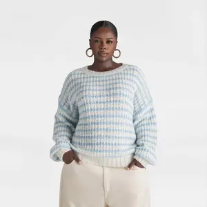 KBB by KAHLANA Women's 'The Oversized Drop Shoulder Crewneck Pullover Sweater' - Cream/Blue 2X