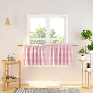 2 Panels Valance Curtains 16 inches Long Cafe Curtain Buffalo Plaid Gingham Check Short Tiers for Kitchen Bathroom Window Curtain Pink & White
