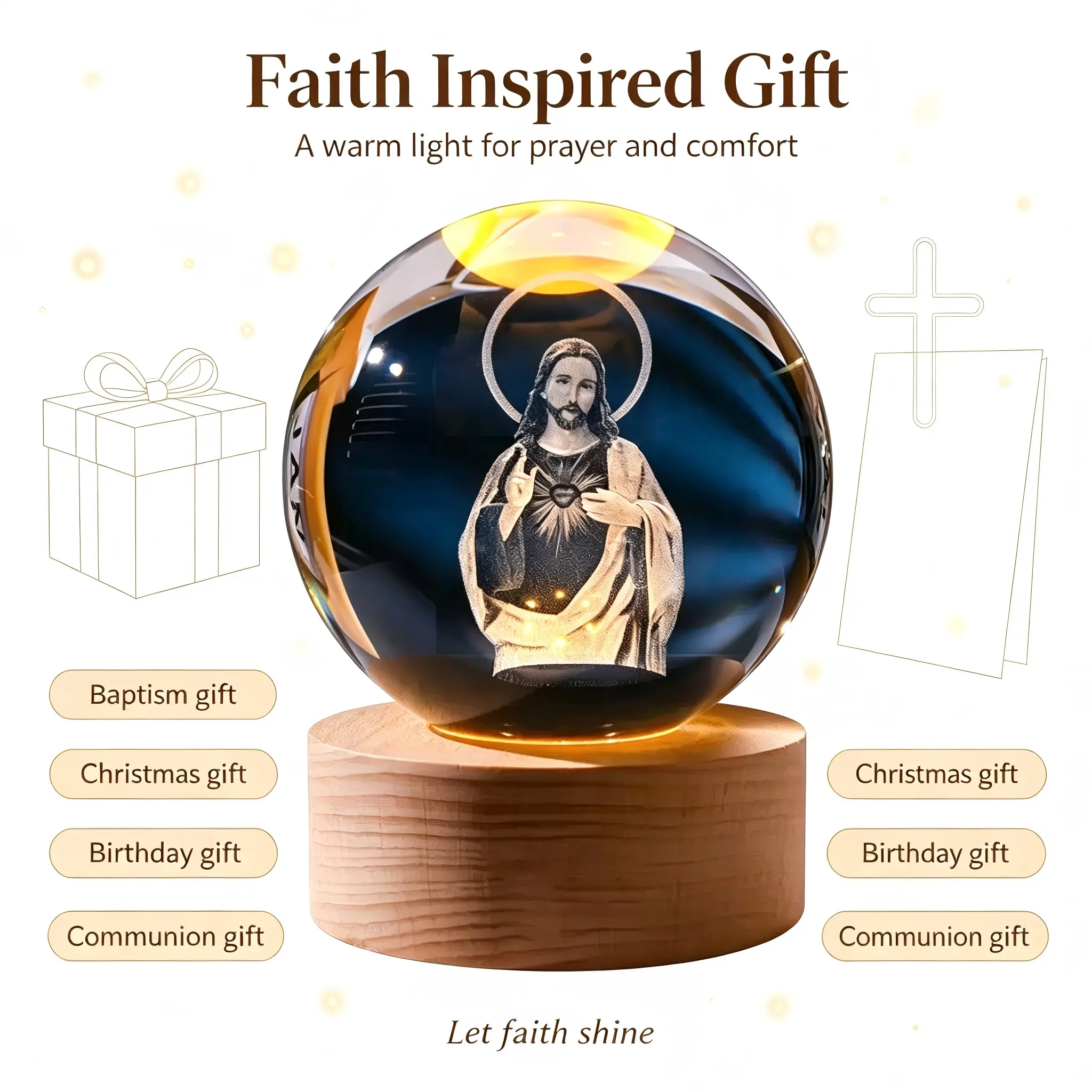 3D Glow Crystal Ball LED Night Light with Rustic Wooden Base, Creative Desk Decoration, Minimalist Religious Home Ornament, Gifts for Boyfriend & Men, Glow in the Dark Party Supplies Set, Room Accessory