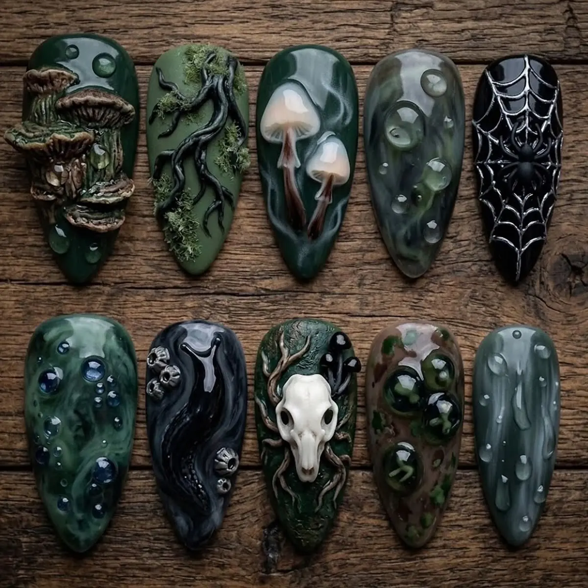 Handmade Press-on Nails - Dark Forest Oddities Design with 3D Mushroom, Skull, Snail Art - Nail Art Decoration Accessory for Beauty & Personal Care