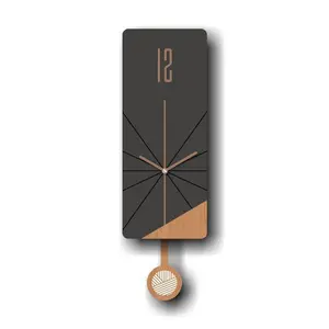 Contemporary Classic Rectangular Shaped Pendulum Wall Clock, Dark Grey and Light Brown, MDF, 5.7'x18.3'x1.8', White Gift Box