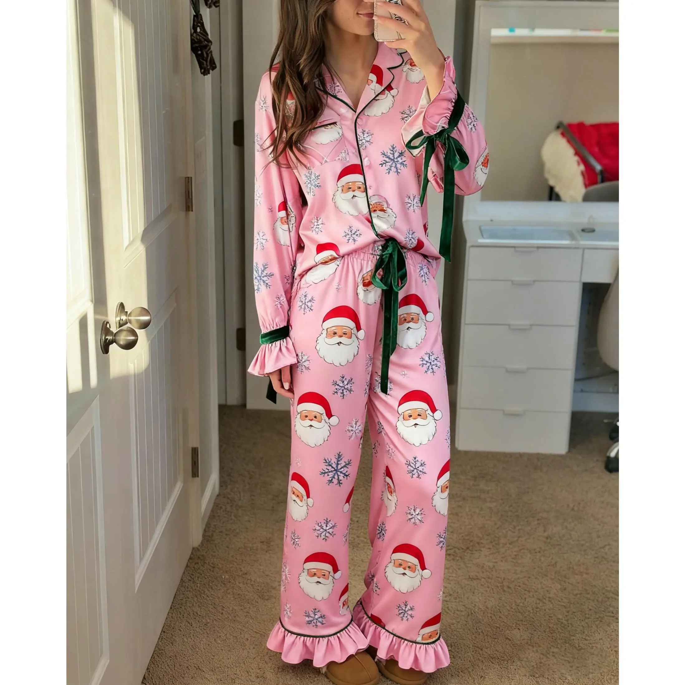 2026 Women Christmas Pajamas Set Candy Cane Print Knotted Pj Lounge Set Long Sleeve Xmas Top and Pants
