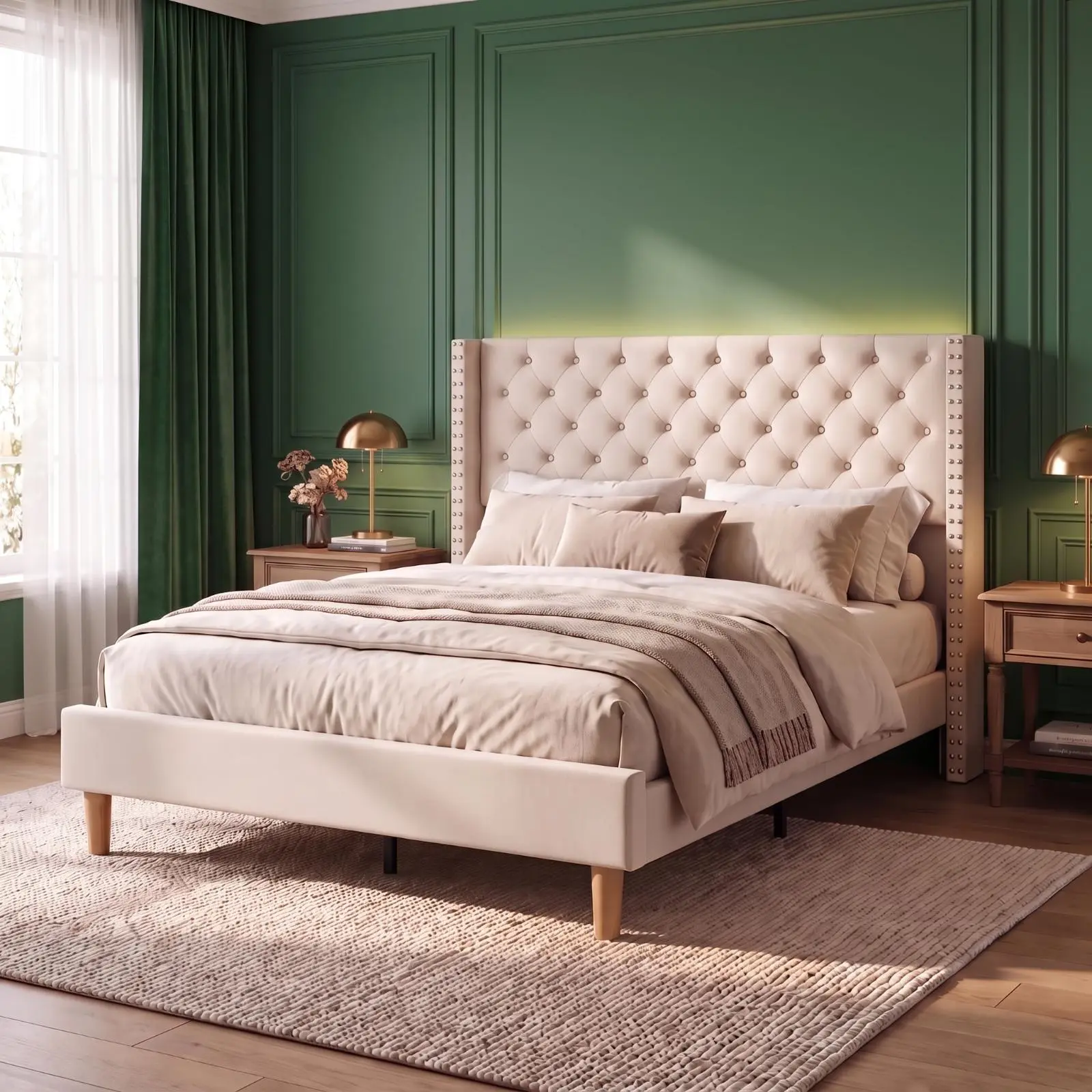VOWNER Queen Size Bed Frame with 48" Tall Velvet Upholstered Wingback Headboard, Platform Bed with Charging Station and Smart RGB LED Lights, No Box Spring Needed, Easy Assembly, Noise Free, Cream
