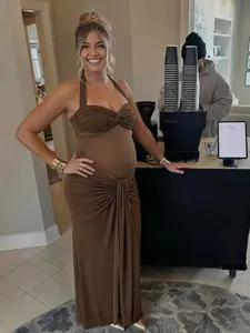 Mesh Ruched Flowy Backless Tight Fit Elegant Pregnant Long Dress, Stylish Maternity Wear, Perfect for Special Occasions, Maternity Dresses