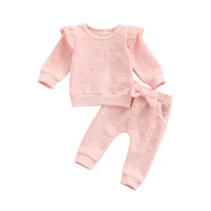 Newborn Infant Baby Girl Pants Set Heart Print Ruffle Sleeve Pullover Sweatshirt Bowknot Pants Headband 2Pcs Clothes Set