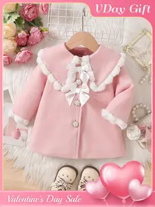 Girl's autumn and winter cute coat, sweet and lovely princess style, girl's pink big collar coat, Collared Coats, plush edging+bow decoration, Valentine's Day gift, suitable for daily school, holiday visits, birthday parties, family gatherings