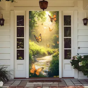 Front Door Decoration Cover Porch, Elastic Fabric Door Cover for Decorating Stretch Gate Covering for Interior, External Festive Season House Decoration