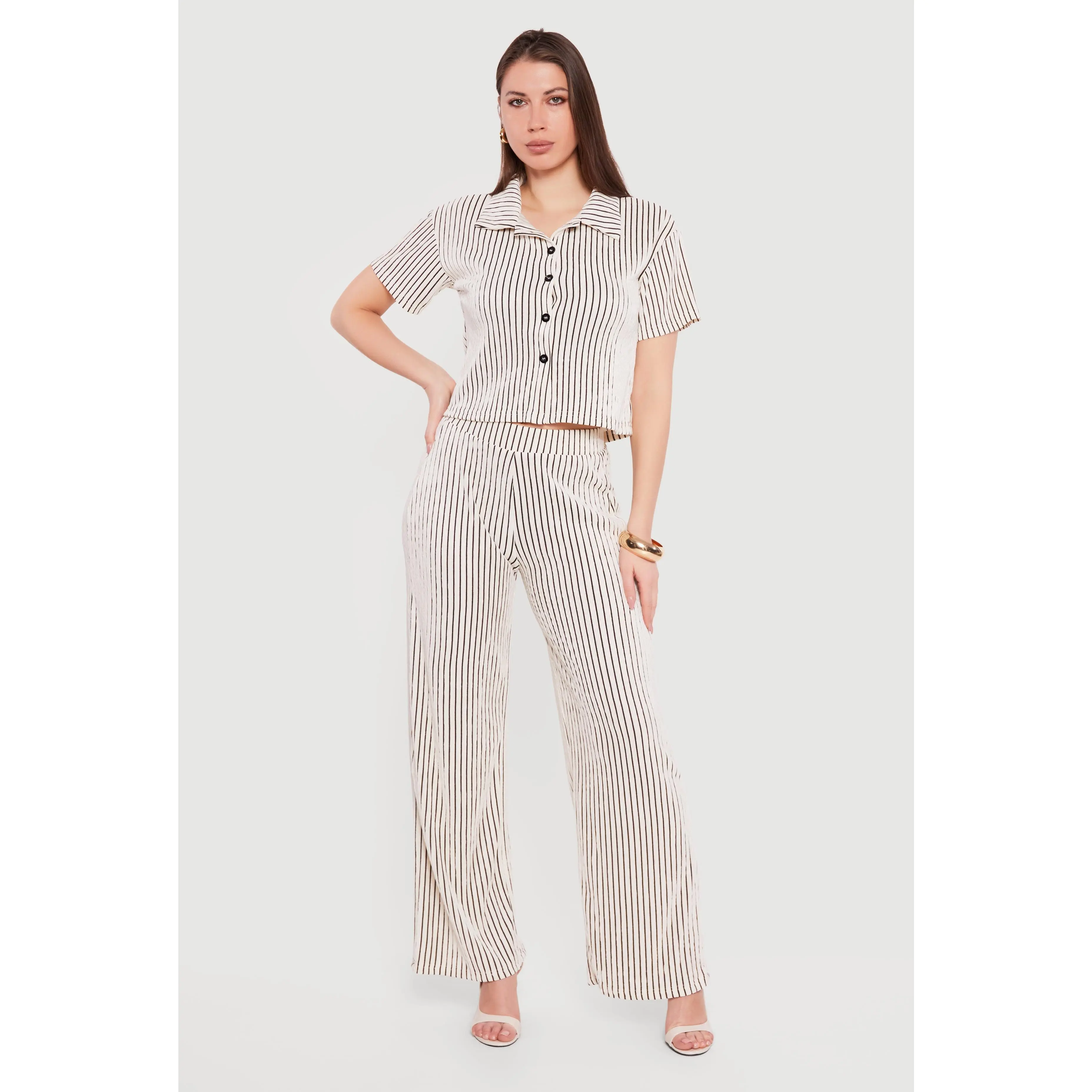 Plisse Striped Wide Leg Pants