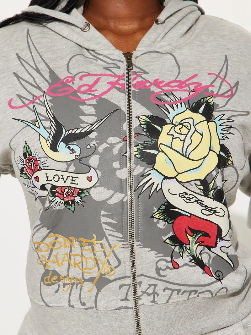 Ed Hardy Rose And Sword Zip Front Hoodie - Heather Grey - TikTok Shop