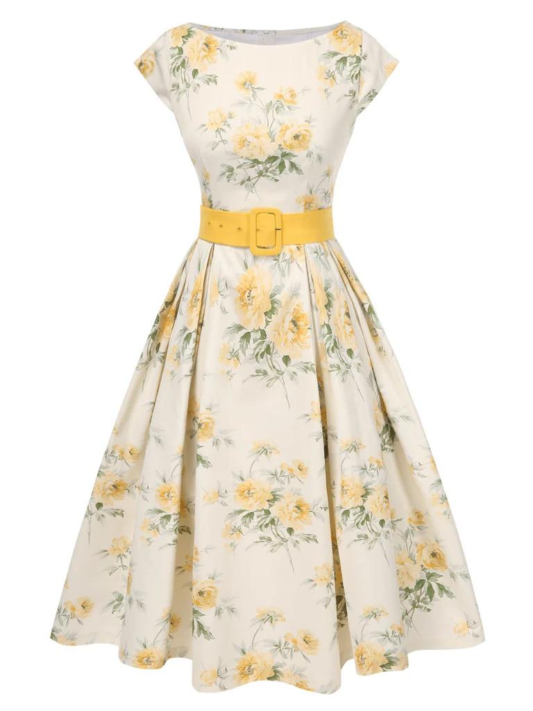 Yellow 1950s Boat Neck Antique Floral Dress Spring Vacation Womenswear Fitted Casual Sleeveless