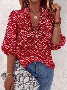 Women's Floral Shirt Style V Neck Bubble Sleeve Loose Fit Slimming Commuter Casual Top, All over Print Fashion Blouse