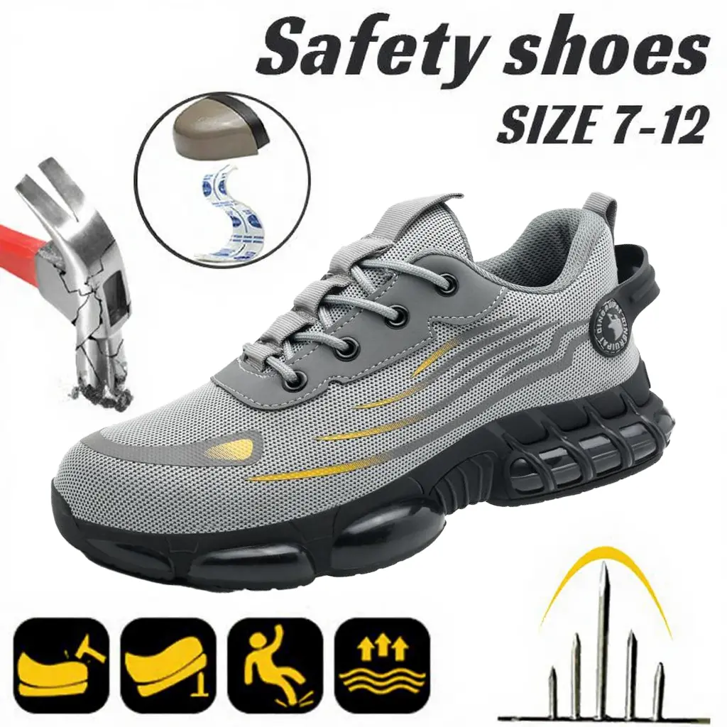 Concrete Worker Safety Shoes Steel Toe Anti-Slip EVA Sole Fabric Upper Round Toe Casual All-Season Striped Universal Low Top Golden Head Guard