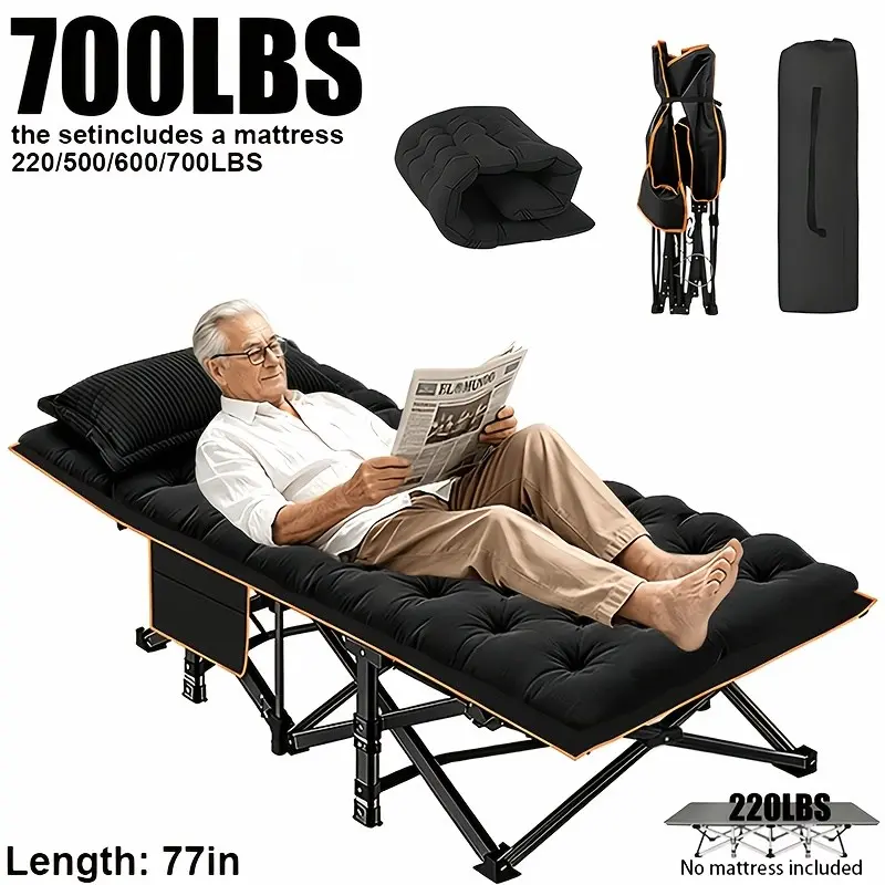 Comfortable And Portable Outdoor Folding Bed, Extra-Large And Thickened Camping Bed, Space-Saving Foldable Guest Bed, 700/600/500/220 Lbs Load Capacity (Including Mattress), Heavy-Duty Camping Bed Frame, Comes with a Carrying Bag